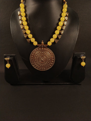 Yellow Pearl Beaded Long Pendant Necklace