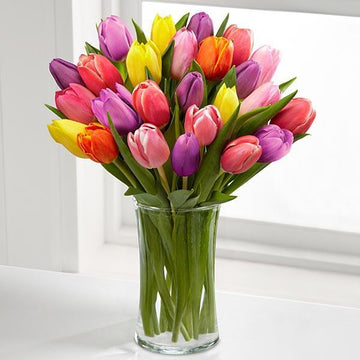 Mixed Tulips In Glass Vase