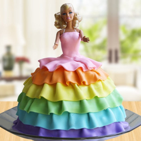 Rainbow Ruffles Barbie Doll Theme Cake