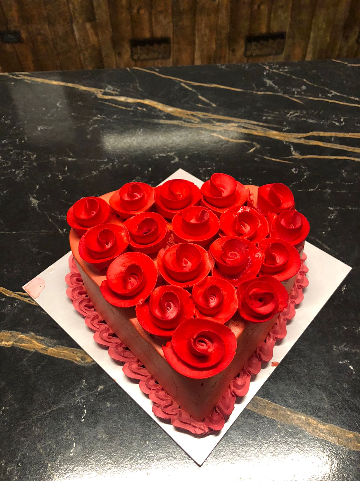 Lovely Flower Red Velvet Heart Shape Cake