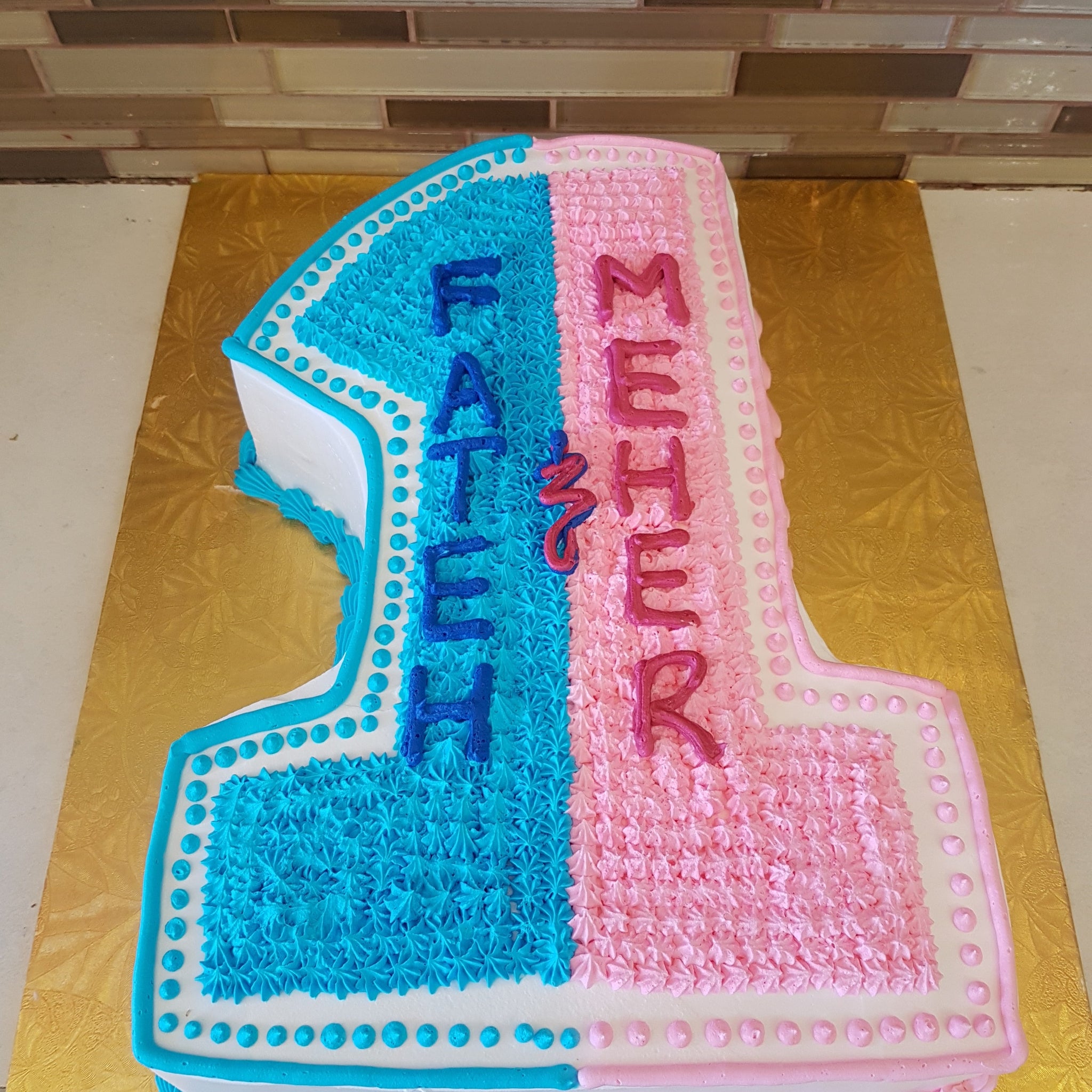 pink and blue Number 1 Cake