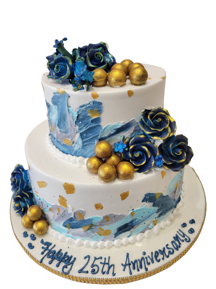 BLUE AND GOLD CREAM TIERED CAKE