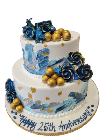 BLUE AND GOLD CREAM TIERED CAKE