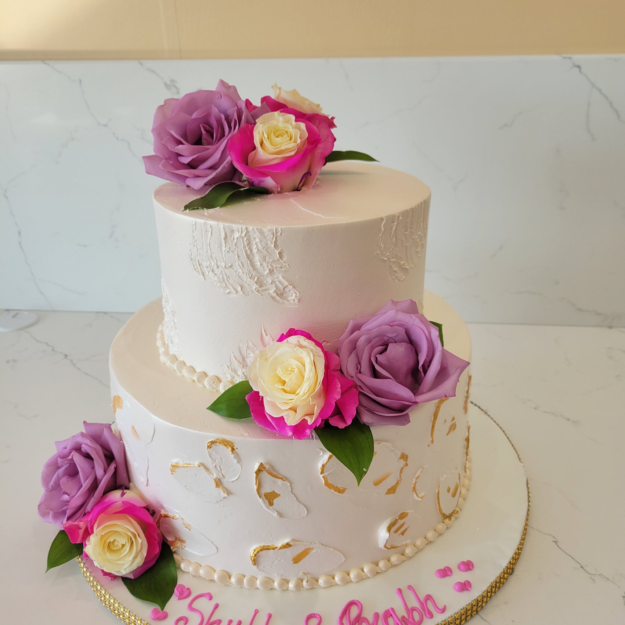 PINK & PURPLE CREAM ENGAGEMENT CAKE