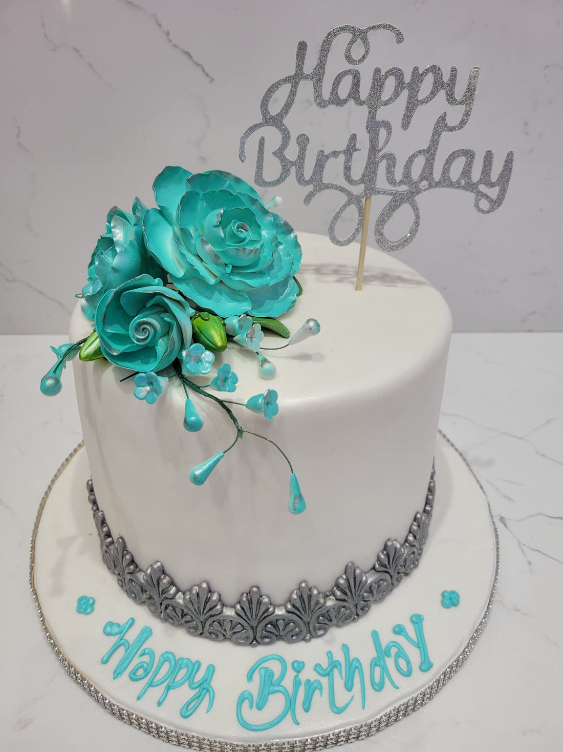 SILVER & TEAL FONDANT CAKE