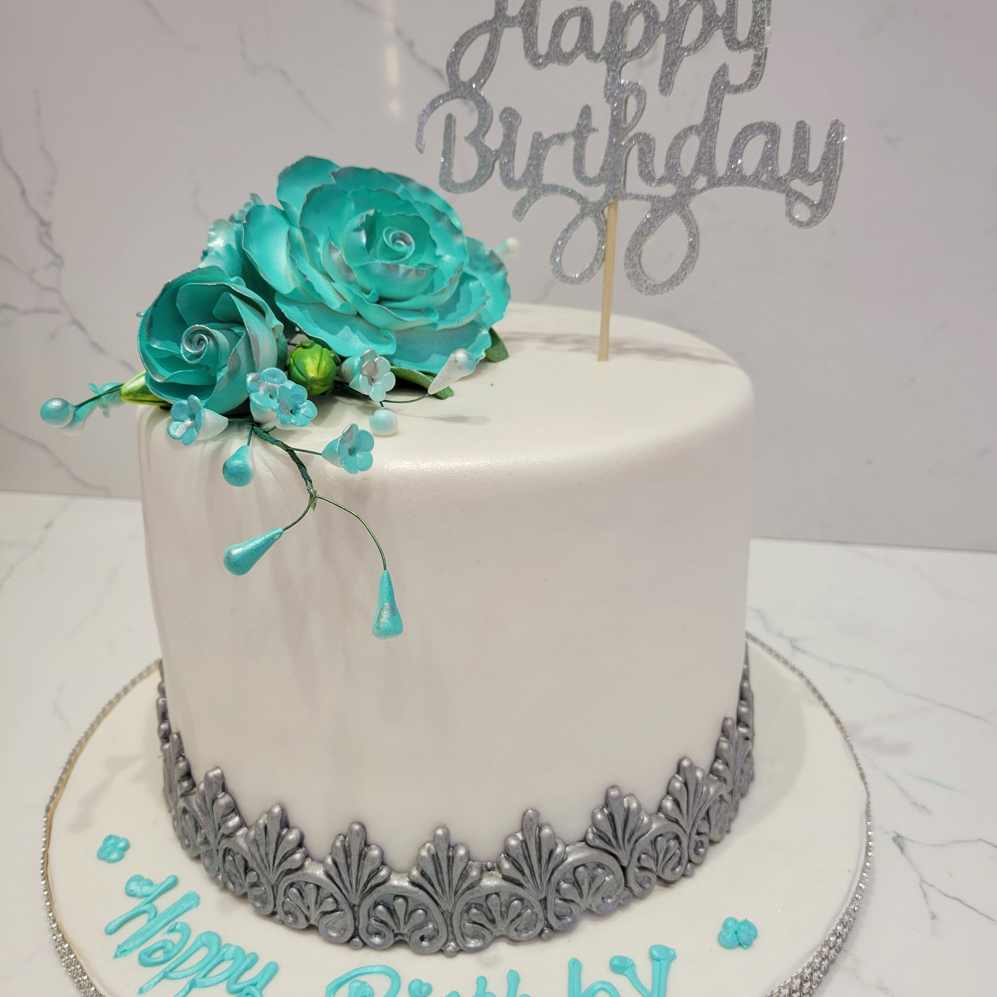 SILVER & TEAL FONDANT CAKE