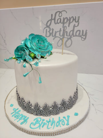 SILVER & TEAL FONDANT CAKE