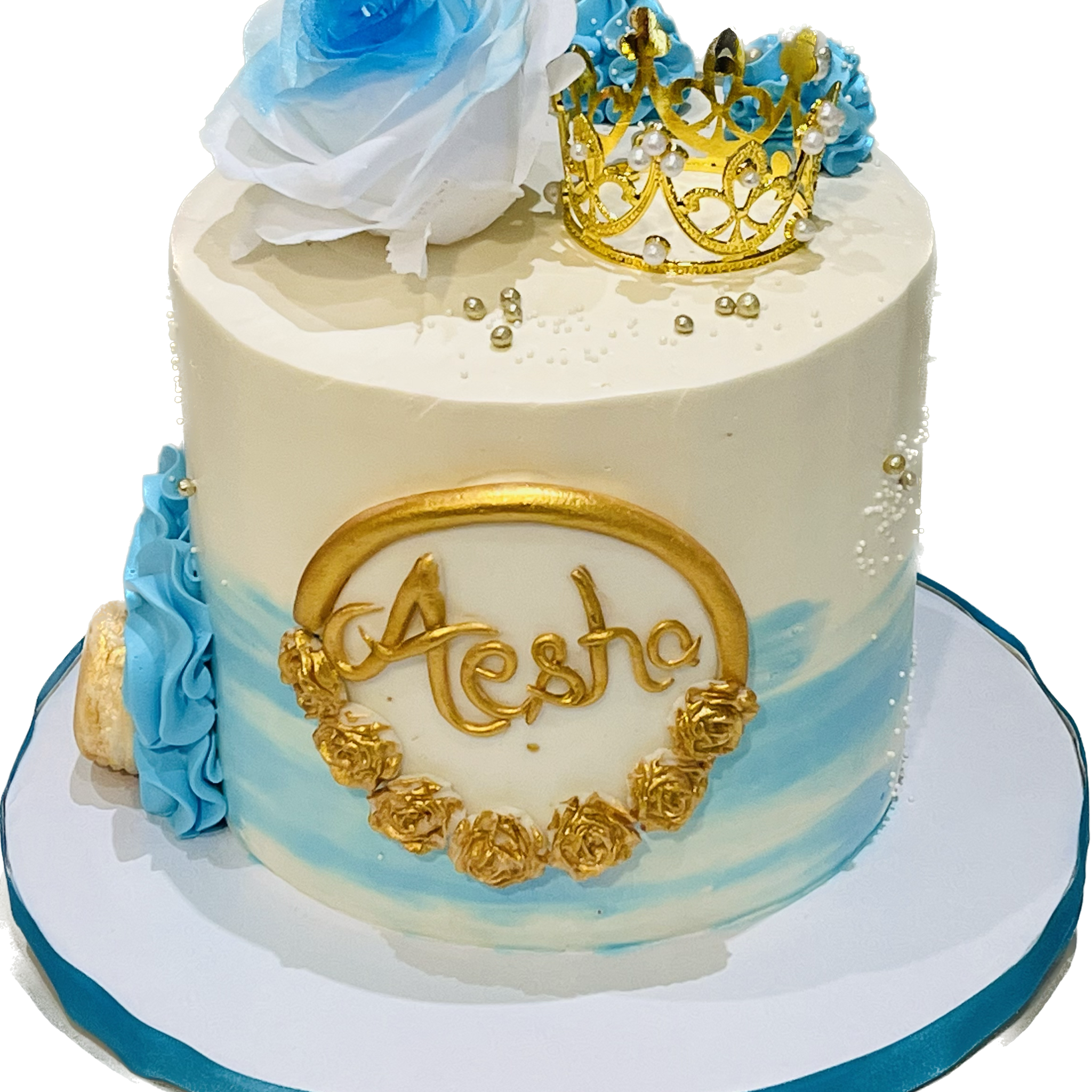 AESHA IVORY AND BLUE BIRTHDAY CAKE