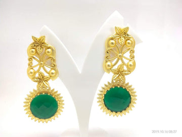 Gold Toned Green Stone Earrings