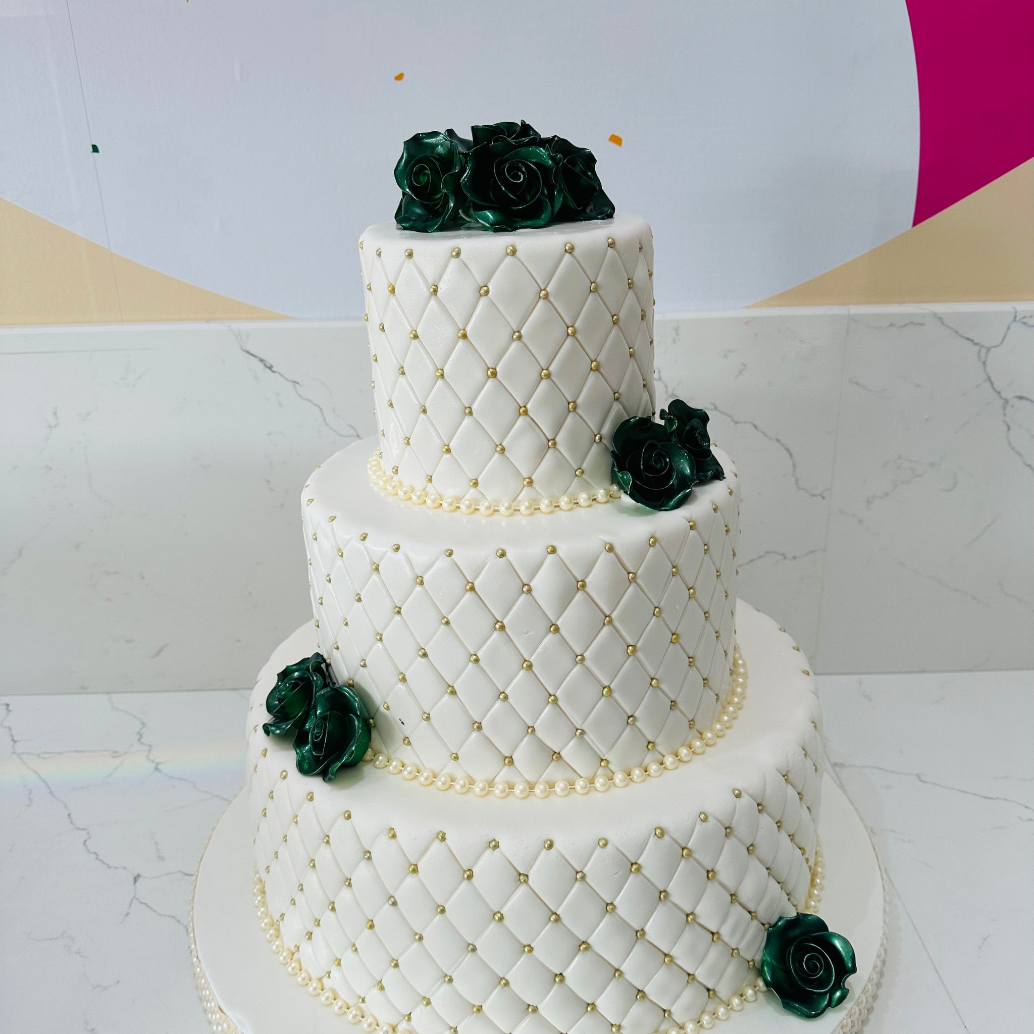 GREEN ROSES BEADED FONDANT CAKE