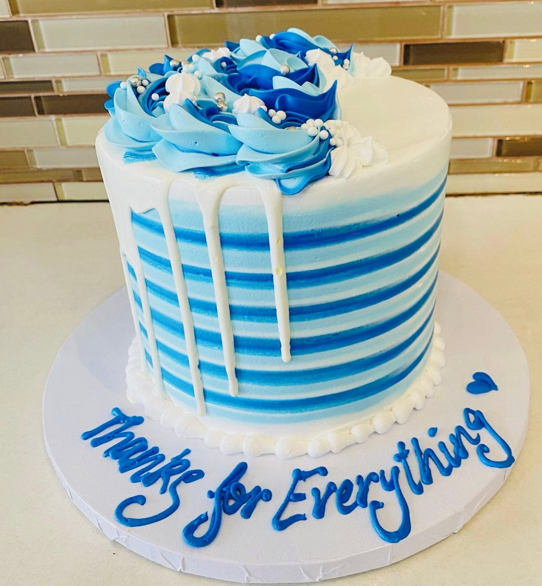 BLUE AND WHITE BIRTHDAY CAKE