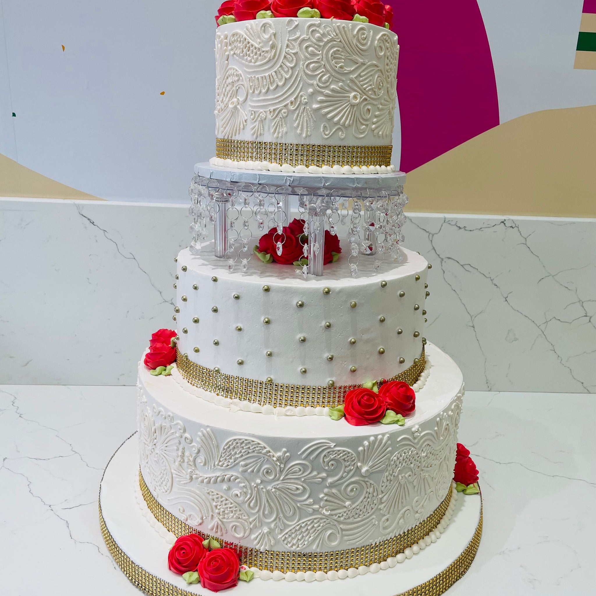RED & IVORY STRING WEDDING CAKE