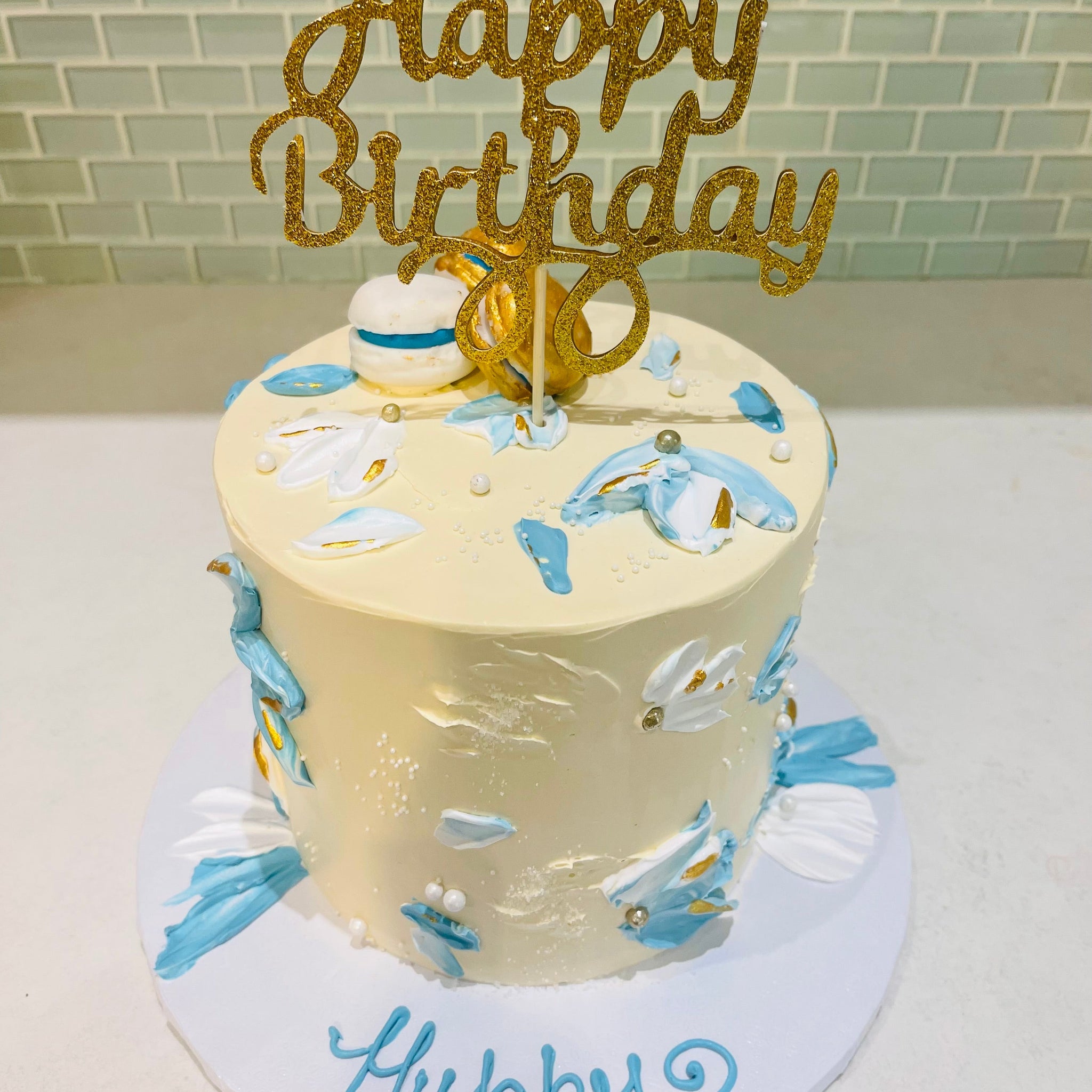 IVORY AND BLUE BIRTHDAY CAKE