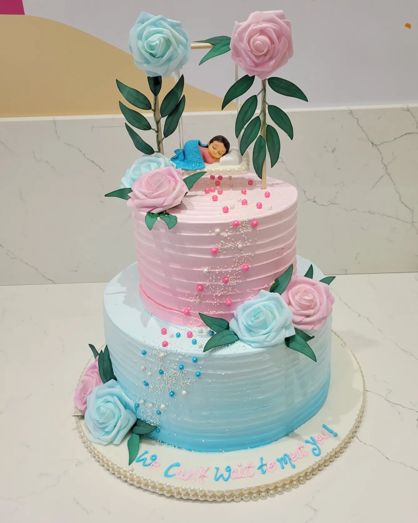 CRADLE BABY SHOWER CREAM TIERED CAKE