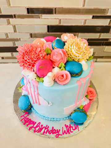 BLUE & PINK MACROON FLORAL CAKE