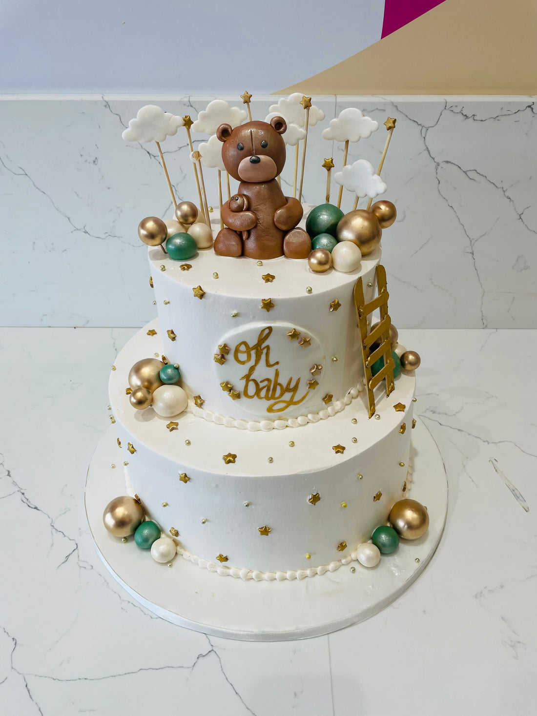 SAGE GREEN & GOLD TEDDY CREAM CAKE