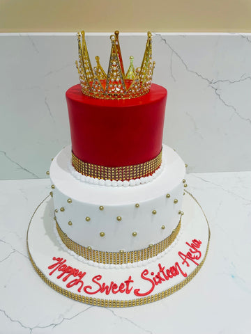 RED & WHITE CROWN TIERED CAKE