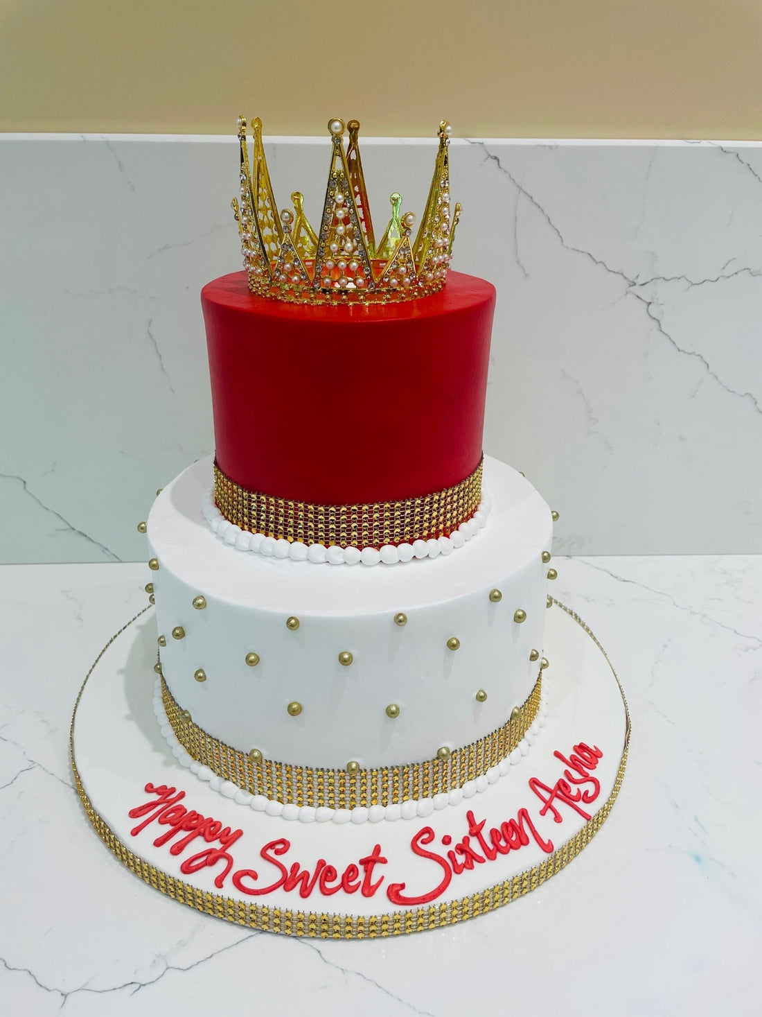 RED & WHITE CROWN TIERED CAKE