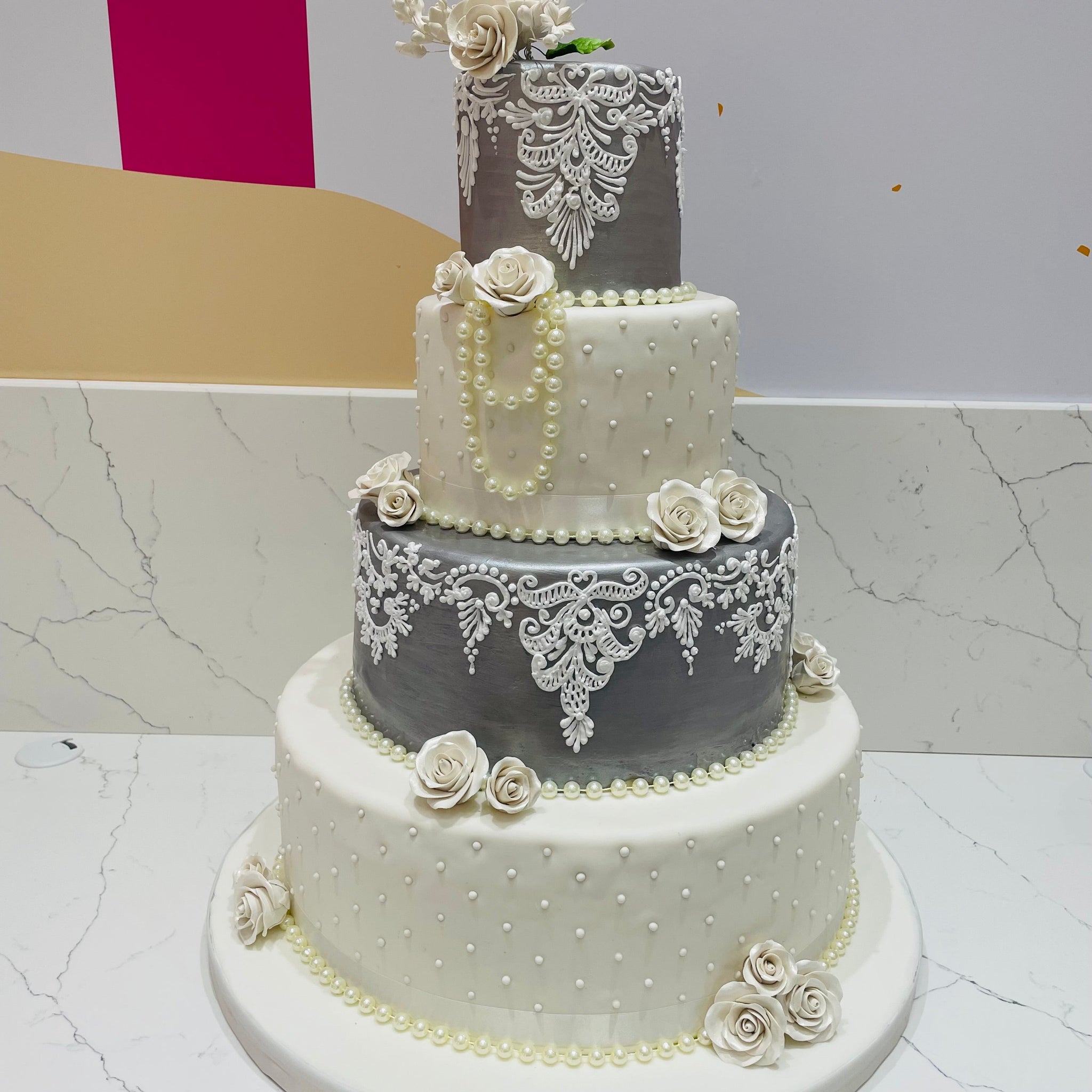 SILVER & WHITE WEDDING CAKE
