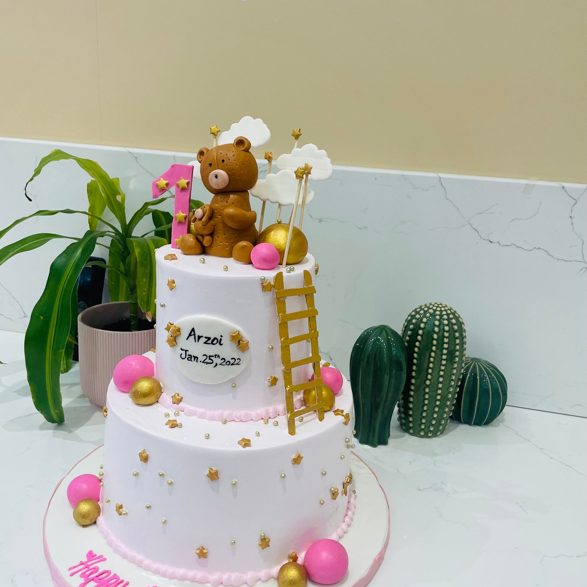 PINK TEDDY & LADDER CREAM CAKE