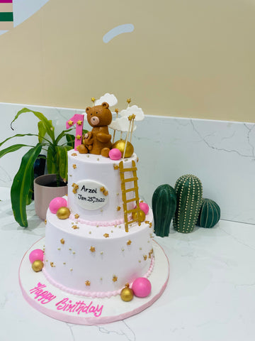 PINK TEDDY & LADDER CREAM CAKE