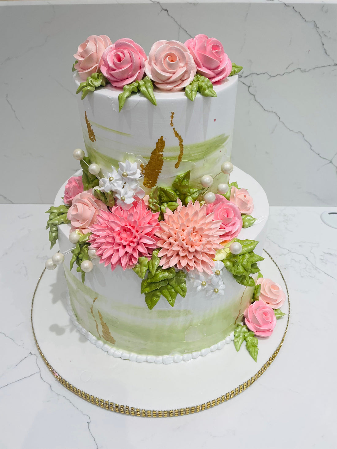 OLIVE GREEN & PINK TIERED CAKE