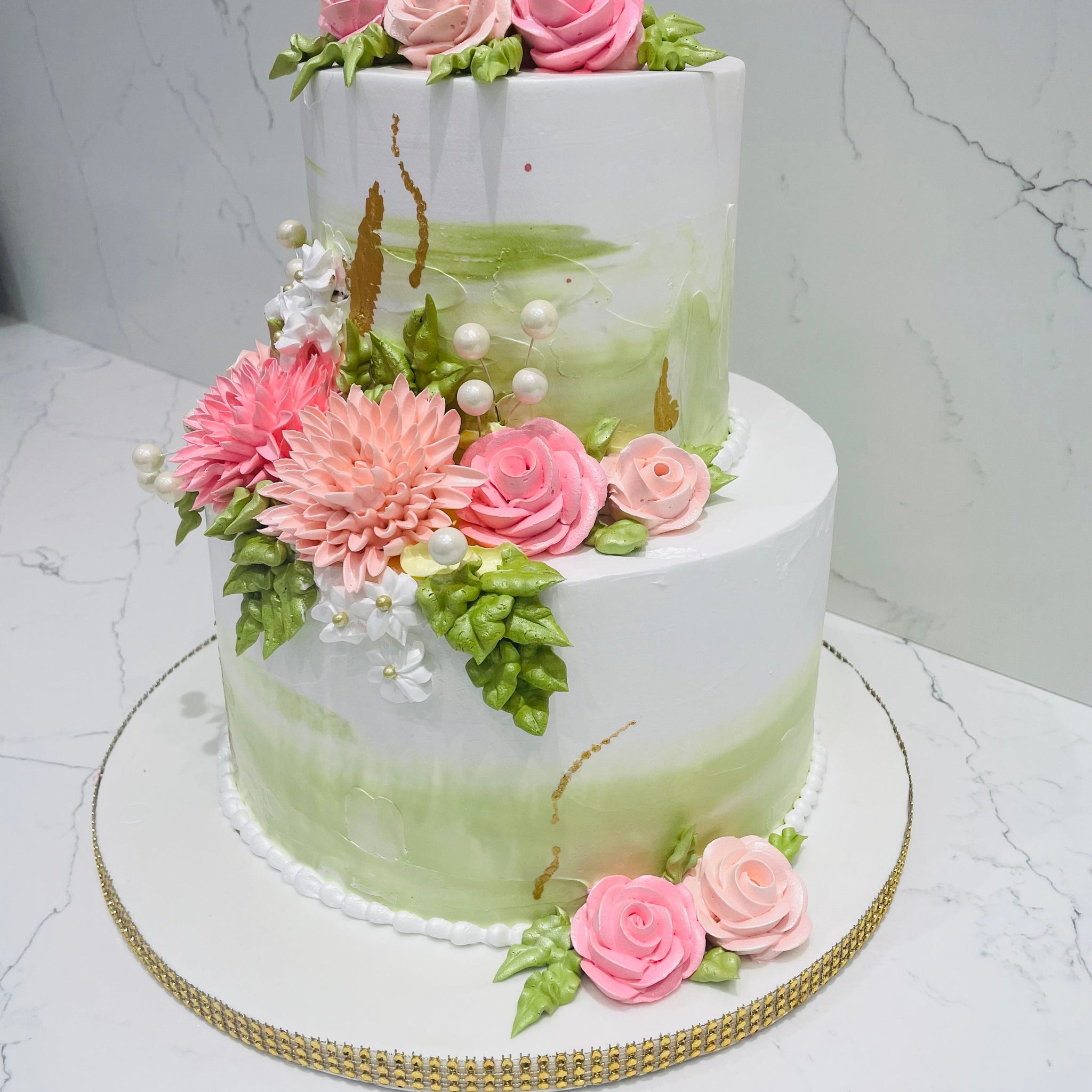 OLIVE GREEN & PINK TIERED CAKE