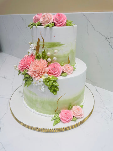 OLIVE GREEN & PINK TIERED CAKE