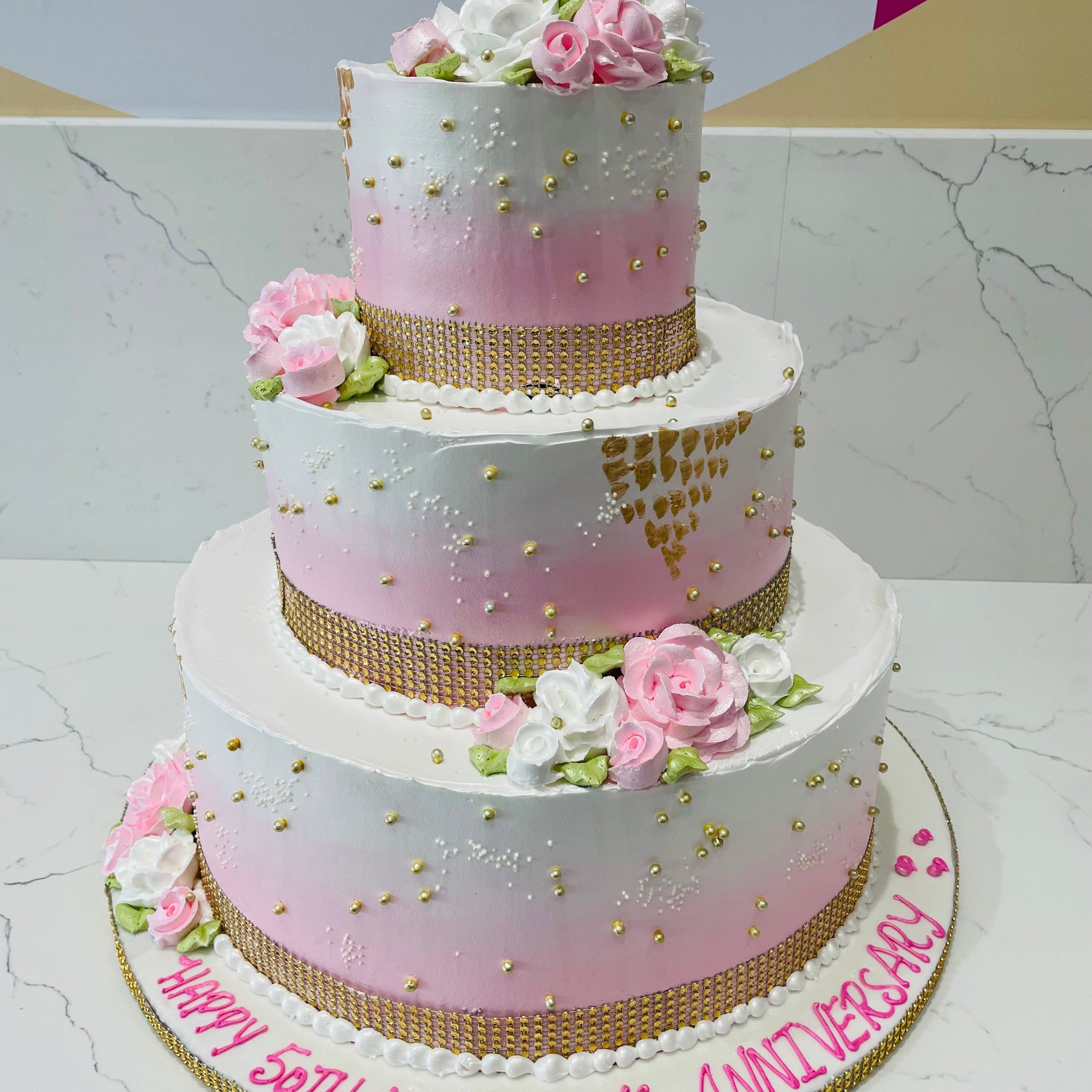 PINK THEME CREAM WEDDING CAKE
