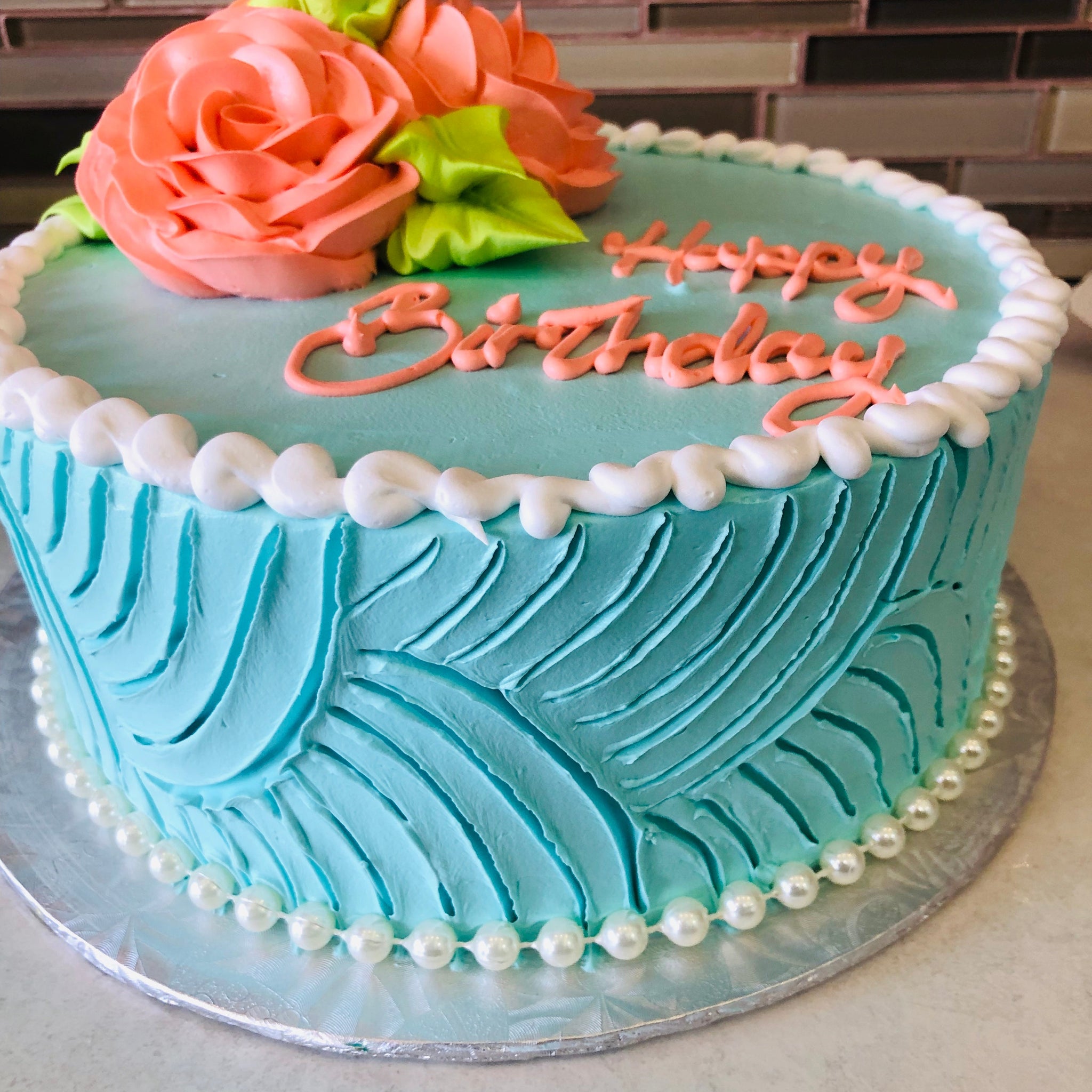 Teal & Peach Flower Cake