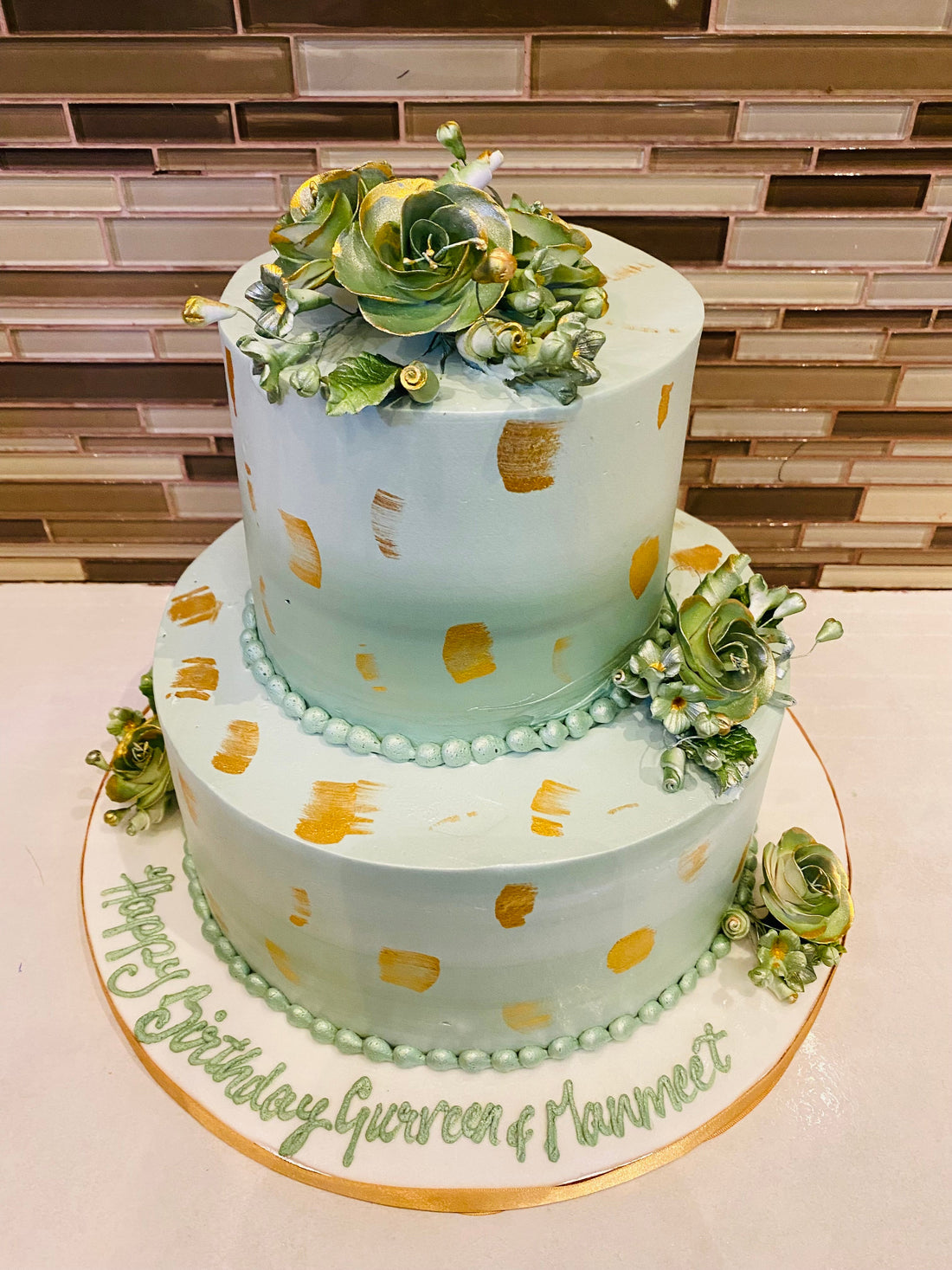 OLIVE GREEN & GOLD CREAM TIERED CAKE