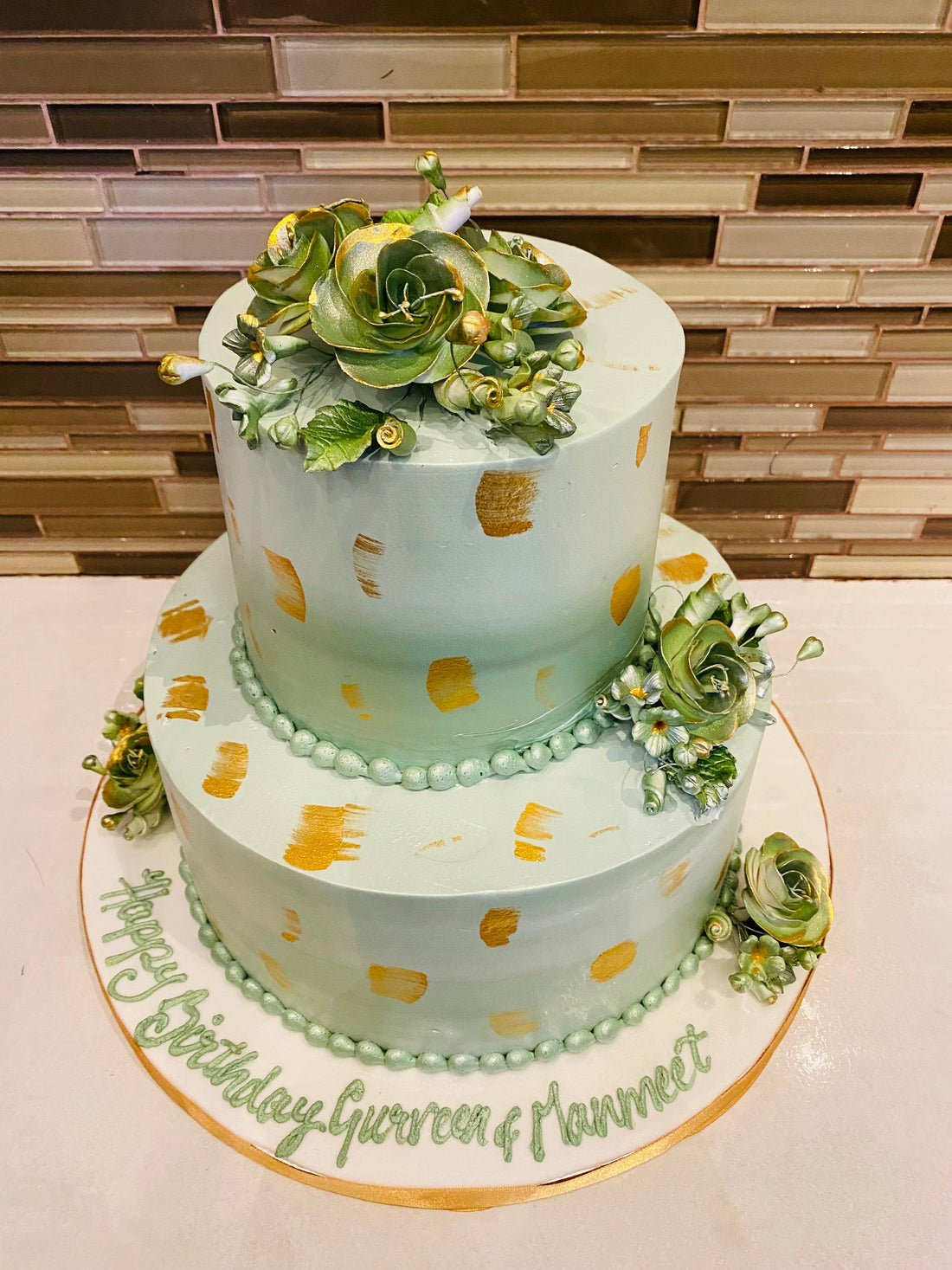 OLIVE GREEN & GOLD CREAM TIERED CAKE