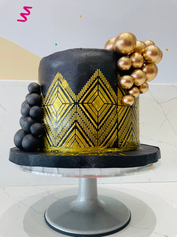 BLACK & GOLD DAMASK FONDANT CAKE