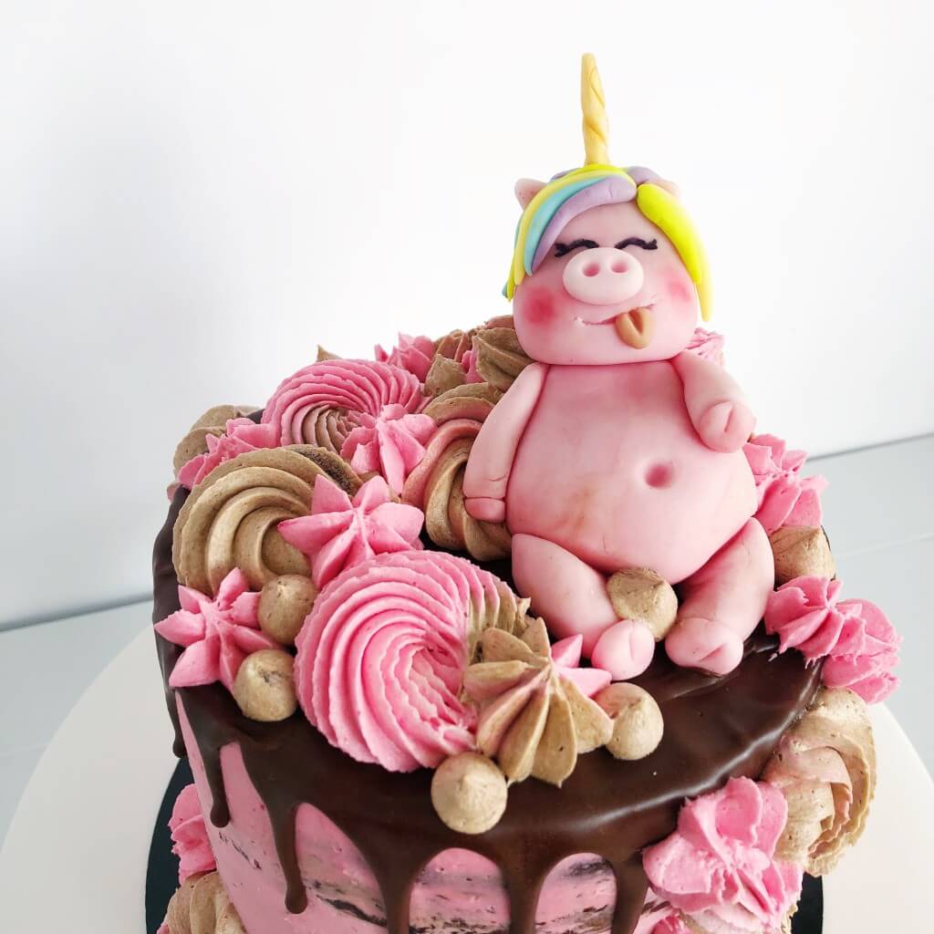 Vegan Pig in a Unicorn Wig Cake