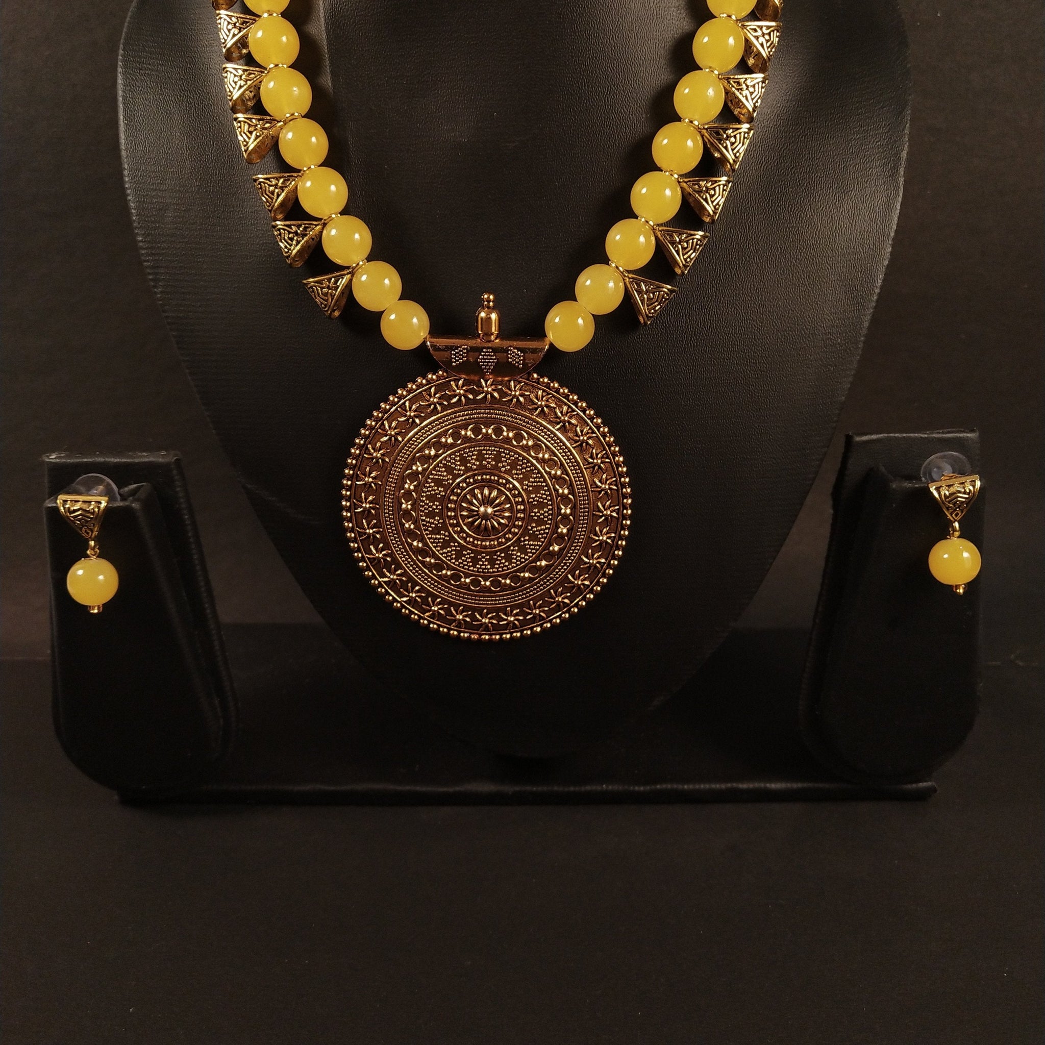 Yellow Pearl Beaded Long Pendant Necklace
