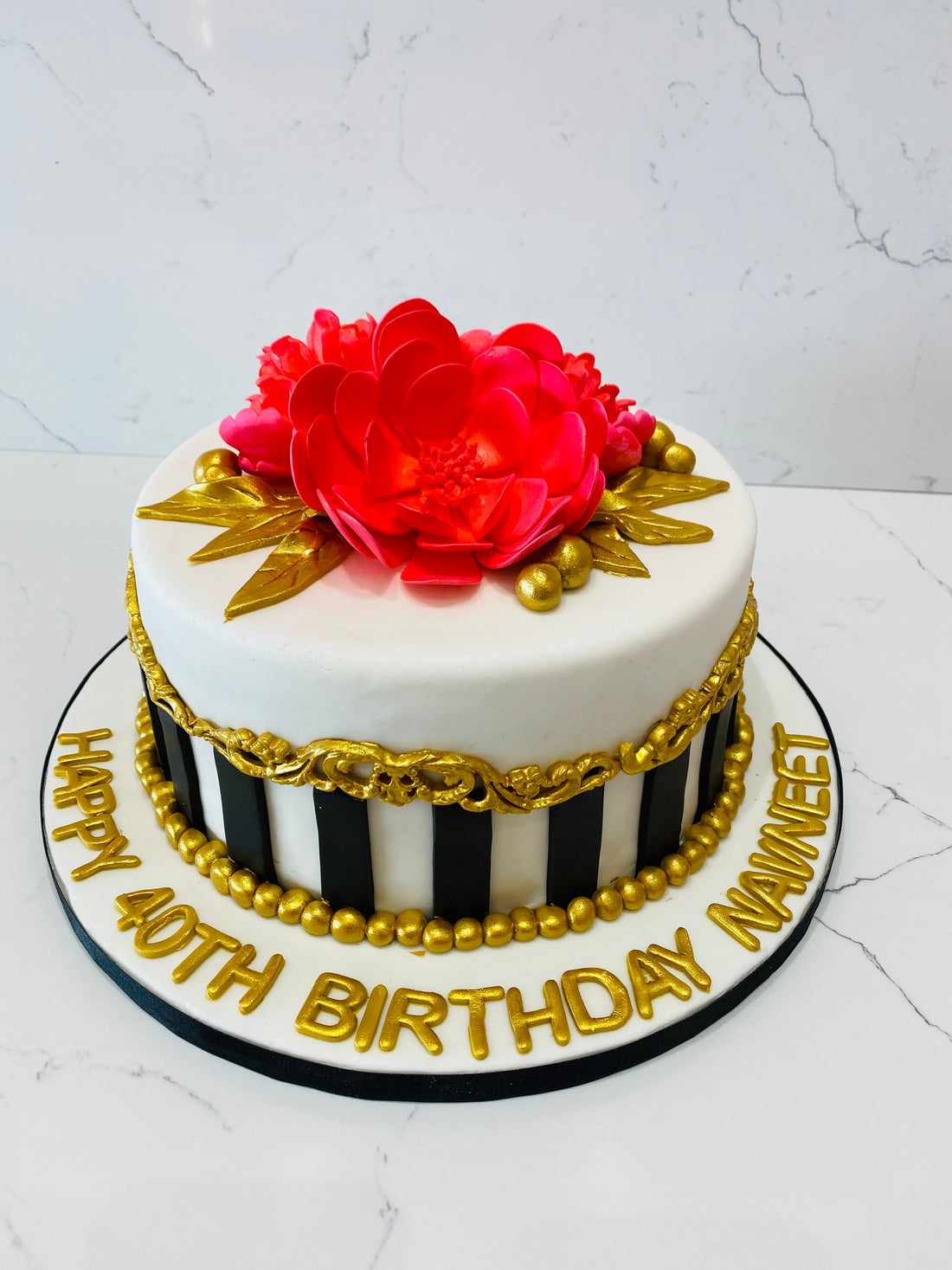 RED DAHLIA GOLD FONDANT CAKE