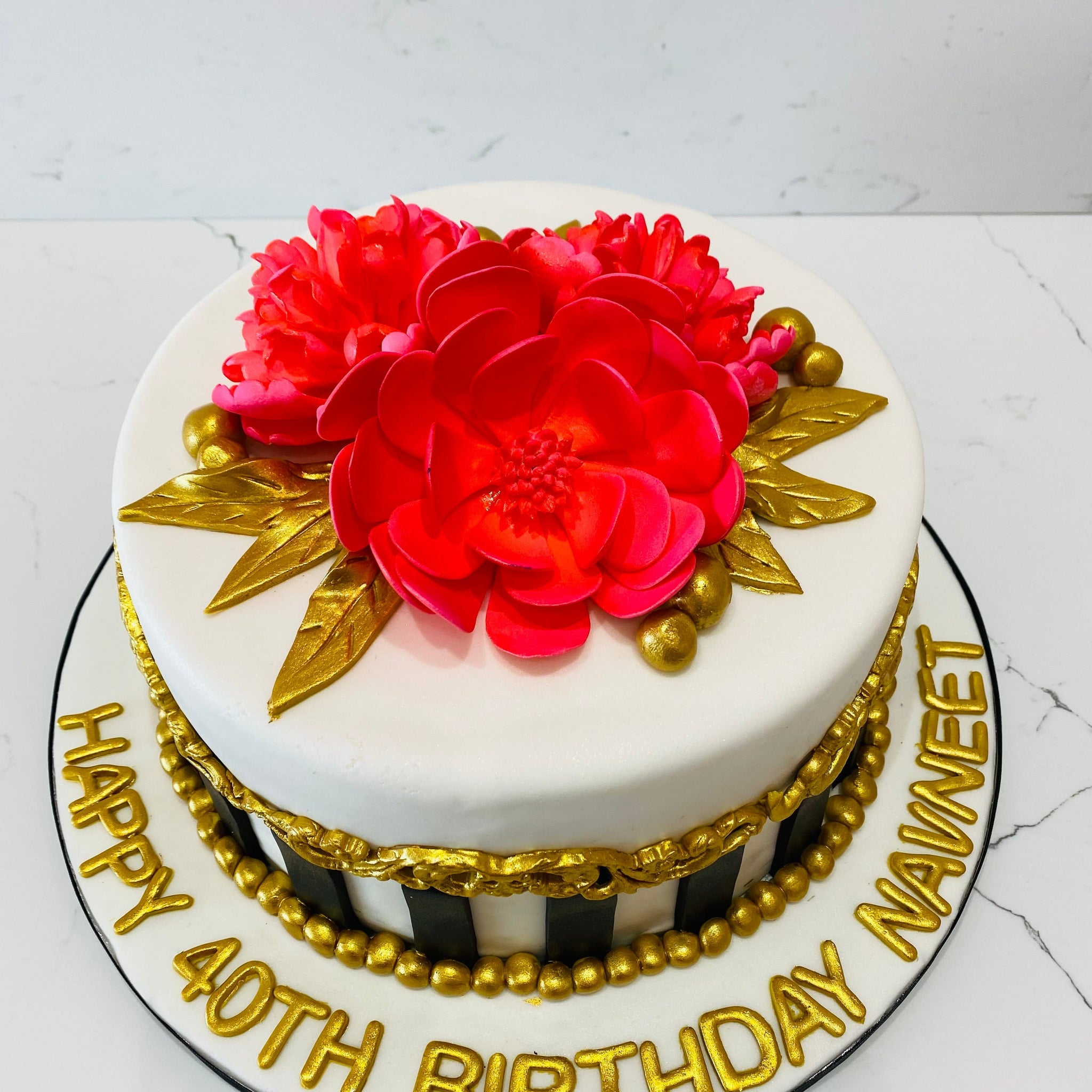 RED DAHLIA GOLD FONDANT CAKE