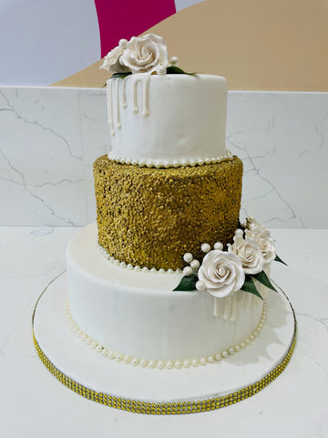 WHITE & GOLD SEQUIN FONDANT WEDDING CAKE