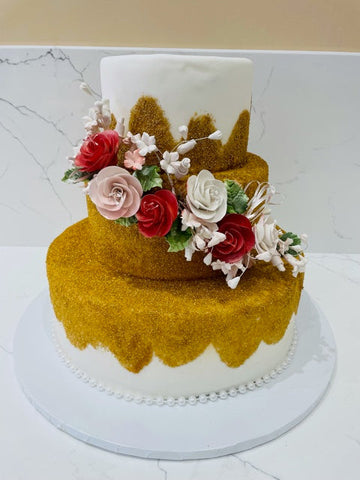 GOLD CASCADING FLOWERS FONDANT CAKE