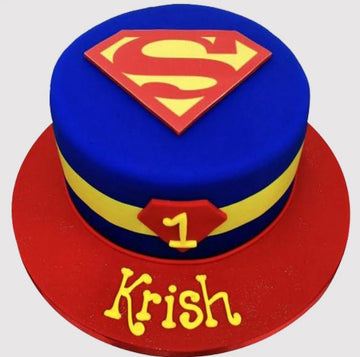 Round Yellow Blue Superman Theme Cake