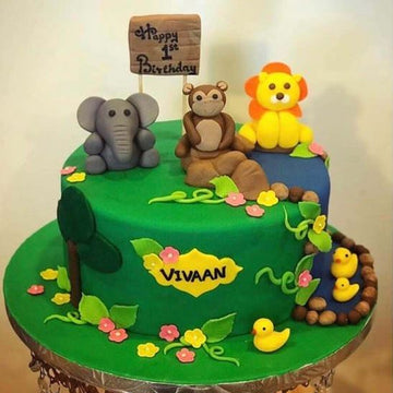 Round Greenish Jungle Theme Cake