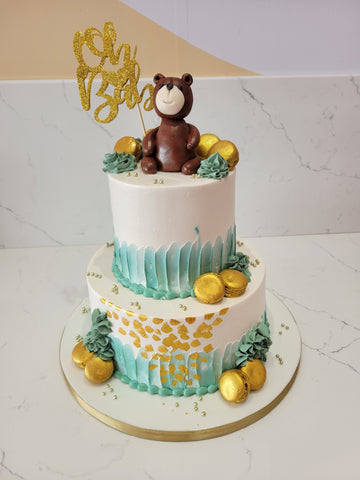 TEDDY BEAR & MACARONS CREAM TIERED CAKE