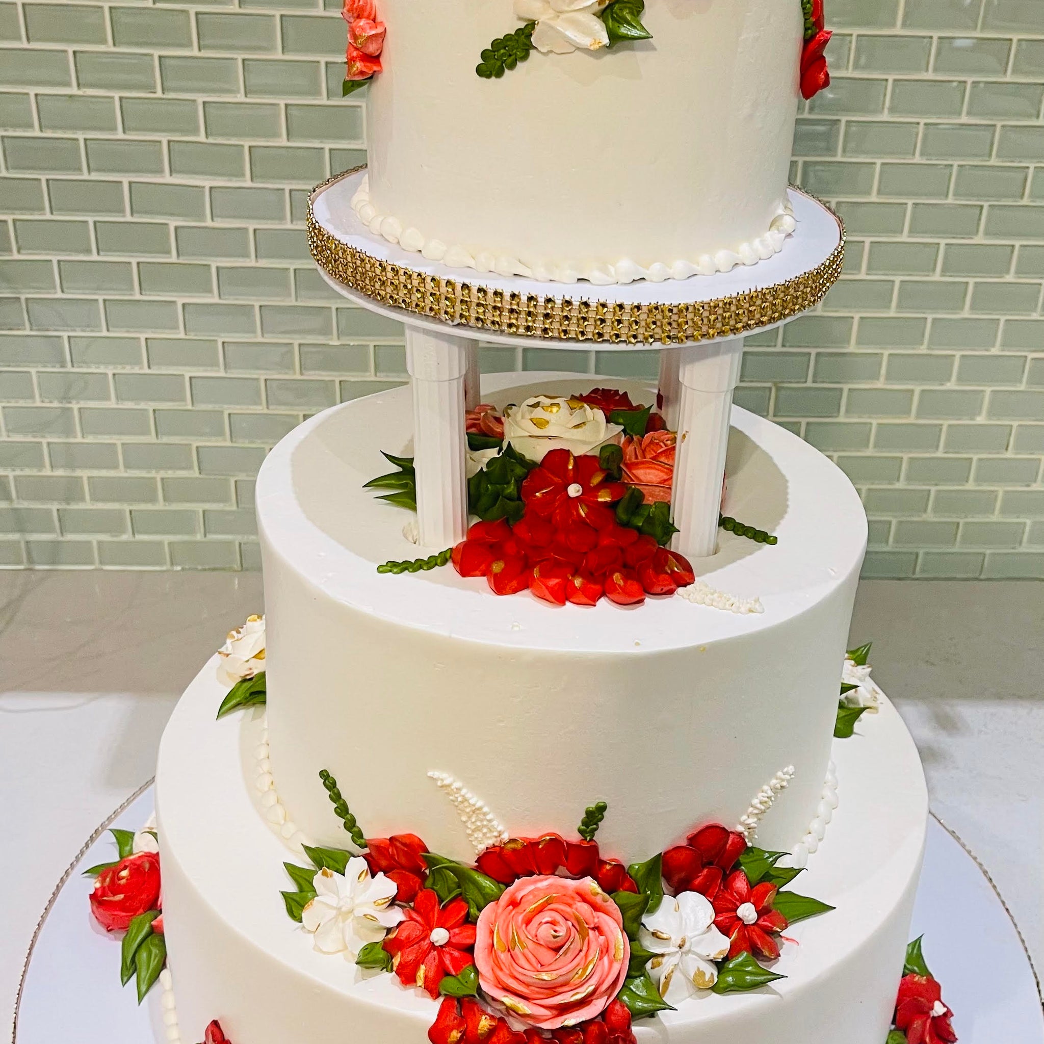 WHITE & RED FLORAL WEDDING CAKE